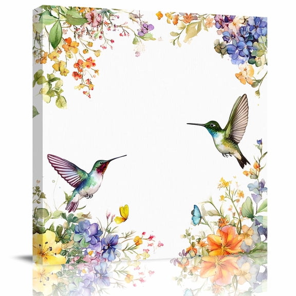 Spring Flower Butterfly Bird Canvas Artwork Painting Art, Pastoral Plant Animal Square Framed Wall Decorations Prints Picture for Bedroom Kitchen Living Room, 8x8 in