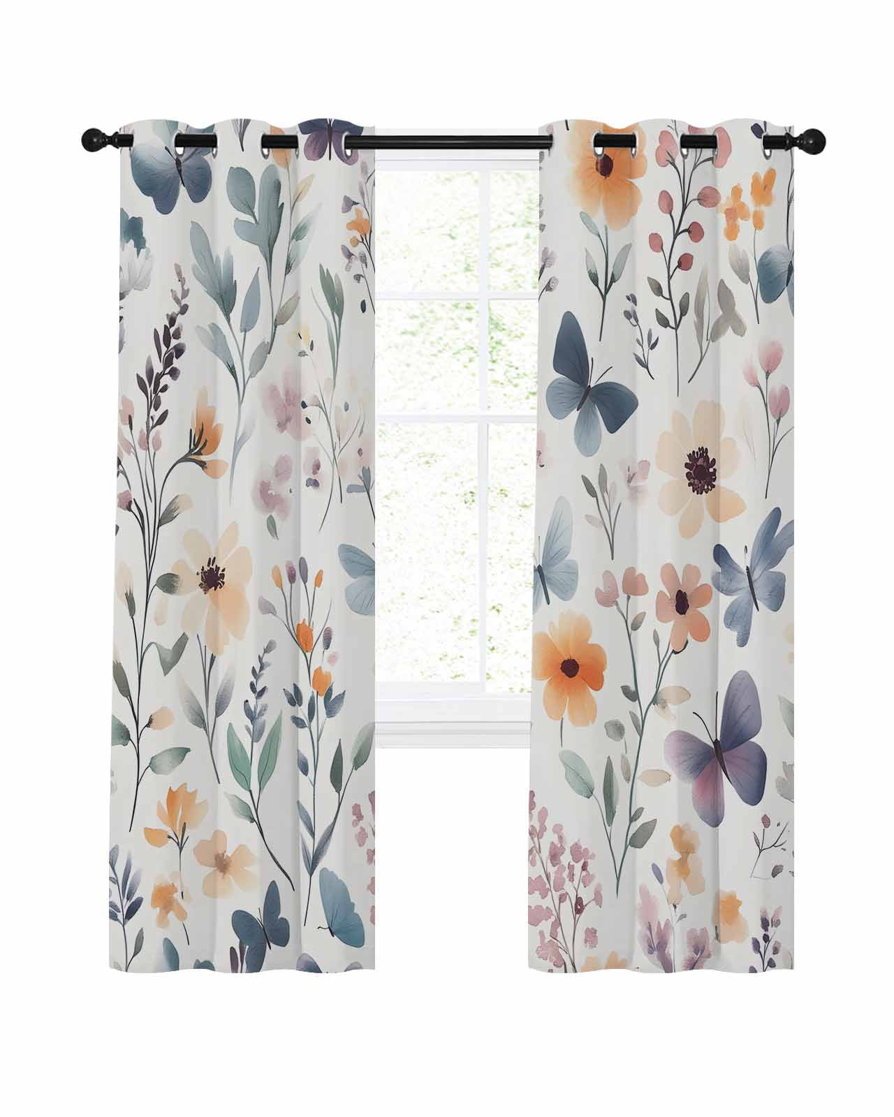 Spring Flower Butterfly Blackout Curtains 45 Inch Length Retro Leaf ...