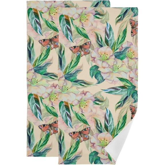 Spring Flower Butterfly Hand Towels 2 PCS, Watercolor Kitchen Towel Ultra Soft and Highly Absorbent,Decorative Fingertip Face Towel for Bathroom Hotel, 28.3"x 14.4"