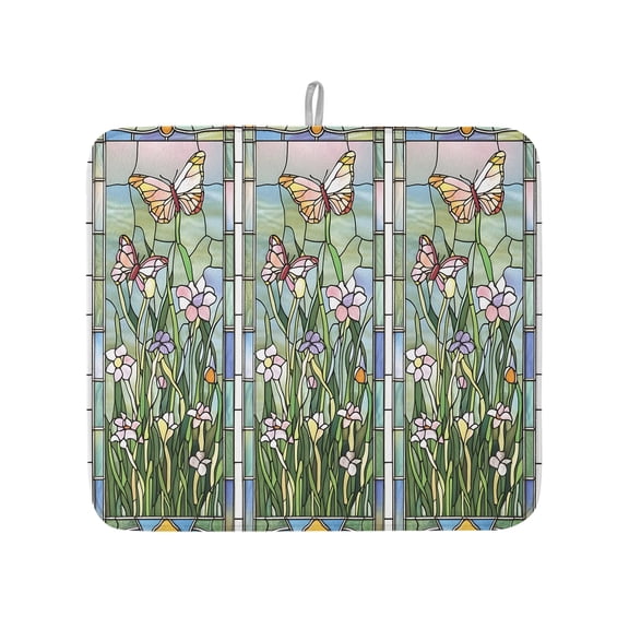 Spring Flower Butterfly Leaves Dish Drying Mats for Kitchen Counter,Absorbent Microfiber Dish Drainer Rack Mat Garden Traditional Paper-cut Drying Pad for Sinks,Utensils,Countertops,16x18in