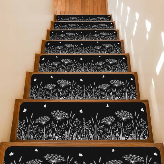 Spring Flower Butterfly Non-Slip Stair Treads for Wooden Steps, 4 Pack 8x30 Inch Carpet Stair Mats with Adhesive Backing, Noise-Reducing Step Covers for Indoor Stairs, Easy to Install & Residue-Free