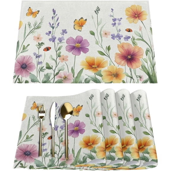 Spring Flower Butterfly Pattern Placemats Set of 6 Washable Kitchen Dining Table Mats 12 x 18 Inch Modern Cloth Place Mats Non-Slip Heat Resistant Placemats for Home Farmhouse Kitchen Dinner Party