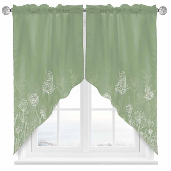 Spring Flower Butterfly Swag Kitchen Curtain Valances, Plant Floral Lines Countryside Green Rod Pocket Curtains Window Treatment Decor Valances for Bedroom Bathroom, 2 Panels 36 x 63 Inch