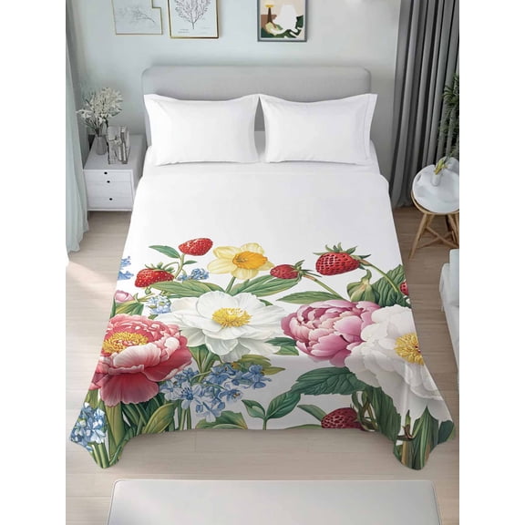Spring Flower California King Size Flat Sheet, Wrinkleproof & Fadeproof Cooling Flat Bed Sheet Only, Watercolor Floral Summer Botanical Breathable Soft Bedding Top Sheets 108 x 98 Inches