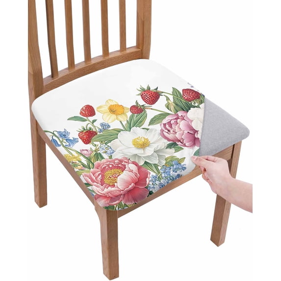 Spring Flower Chair Seat Covers for Dining Room Stretch Chair Seat Covers Set of 4, Watercolor Floral Summer Botanical Chair Seat Protector Cushion Slipcovers for Kitchen Restaurant Office