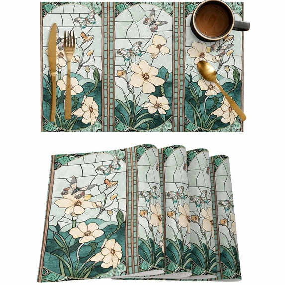 Spring Flower Colorful Butterfly Placemats Set of 4,Wipeable Washable Table Mats for Dining Tables,Vintage Green Plant Place Mats for Kitchen Event Party Tabletop Decor