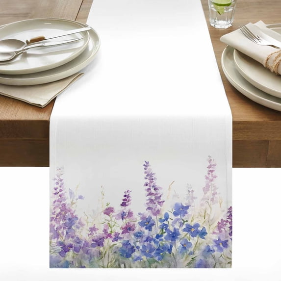 Spring Flower Cotton Linen Table Runner Purple Watercolor Lavender Floral Garden Farmhouse Dining Table Runners for Home Decor Party Dining Room Restaurant Kitchen 13" x 60"