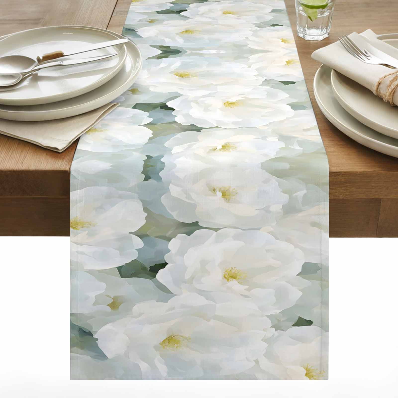 Spring Flower Cotton Linen Table Runner Retro White Floral Camellia ...