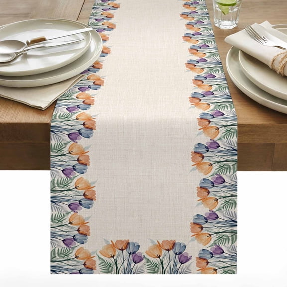 Spring Flower Cotton Linen Table Runner Retro X-ray Illustration of Tulips Leaf Plant Dining Table Runners for Home Decor Party Dining Room Restaurant Kitchen 13" x 36"