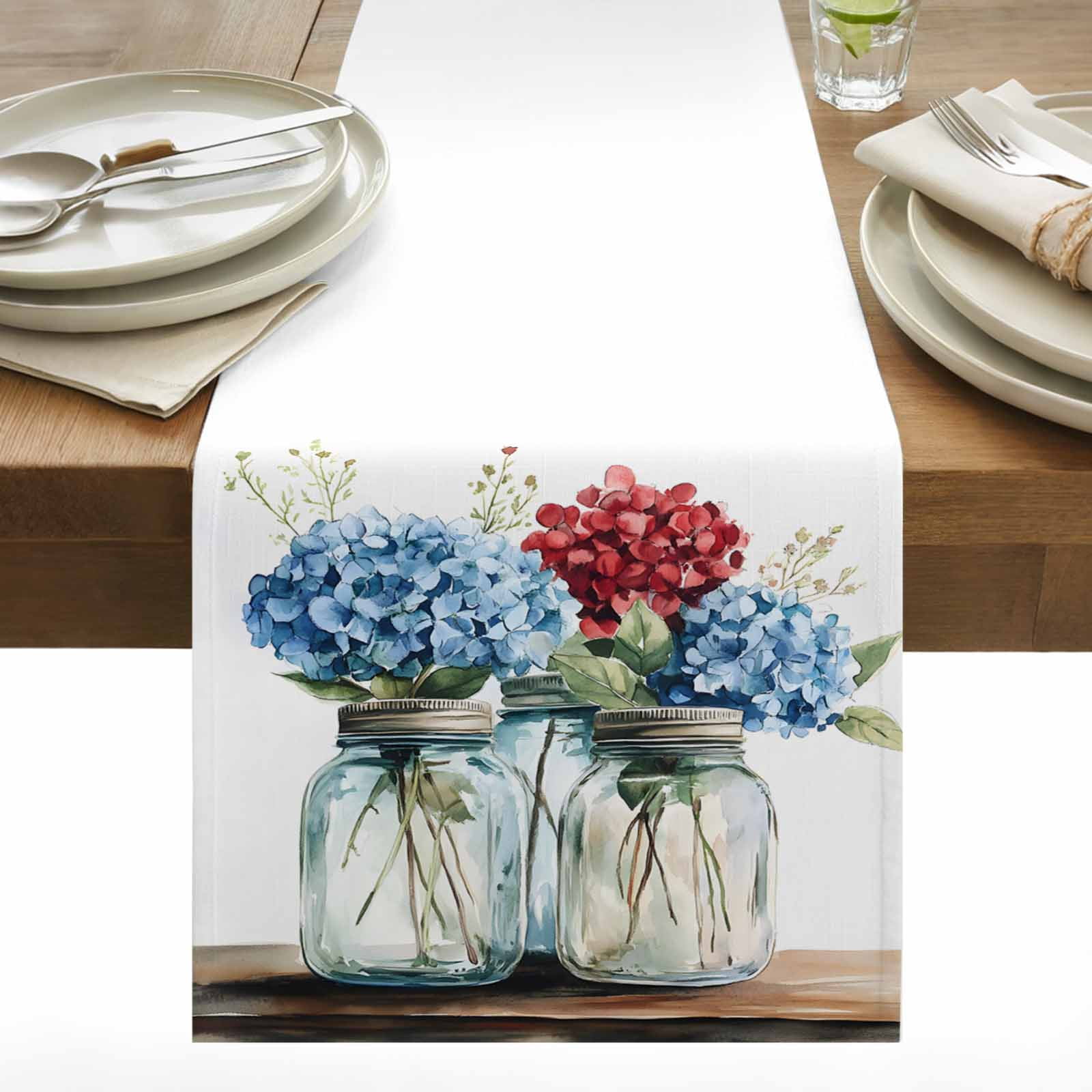 Spring Flower Cotton Linen Table Runner Vintage Blue Red Hydrangeas Oil ...