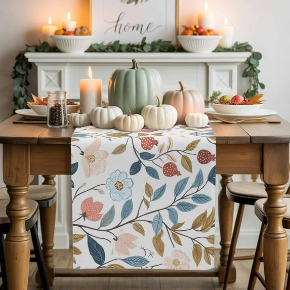 Spring Flower Cotton Linen Table Runner, Washable Table Runners for Kitchen, Dining Room, Holiday, Home Party Table Decor, 13x72 Inches