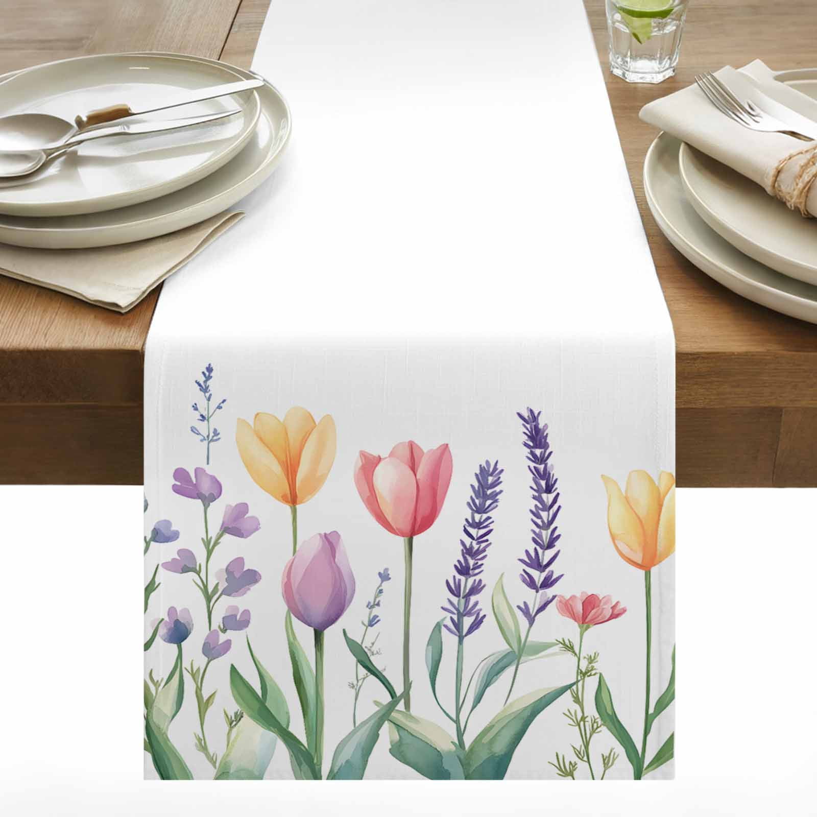 Spring Flower Cotton Linen Table Runner Watercolor Tulip Floral Leaf Botanical Dining Table Runners for Home Decor Party Dining Room Restaurant Kitchen 13" x 90"