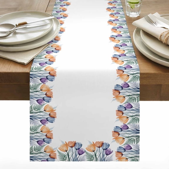 Spring Flower Cotton Linen Table Runner X-ray Illustration of Tulips Leaf Plant Dining Table Runners for Home Decor Party Dining Room Restaurant Kitchen 13" x 36"