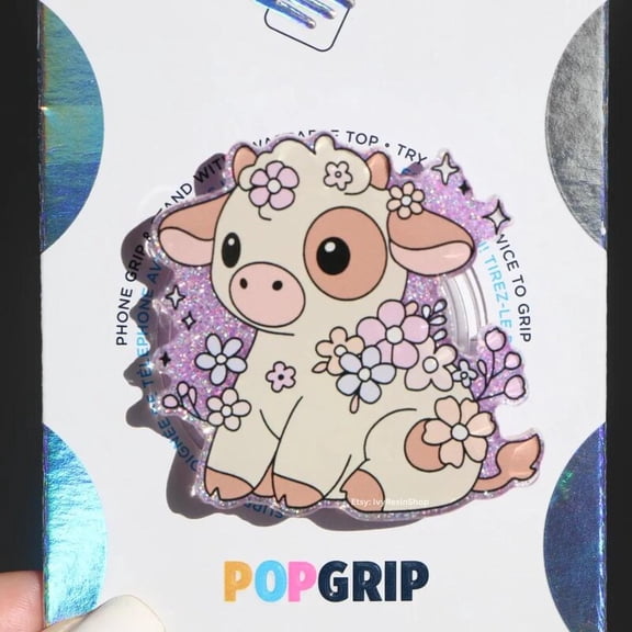 Spring Flower Cow Grip: Sparkly Purple Resin Phone Grip