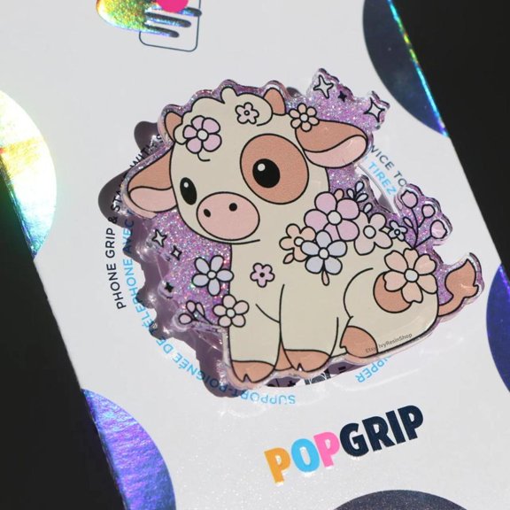 Spring Flower Cow Grip: Sparkly Purple Resin Phone Grip