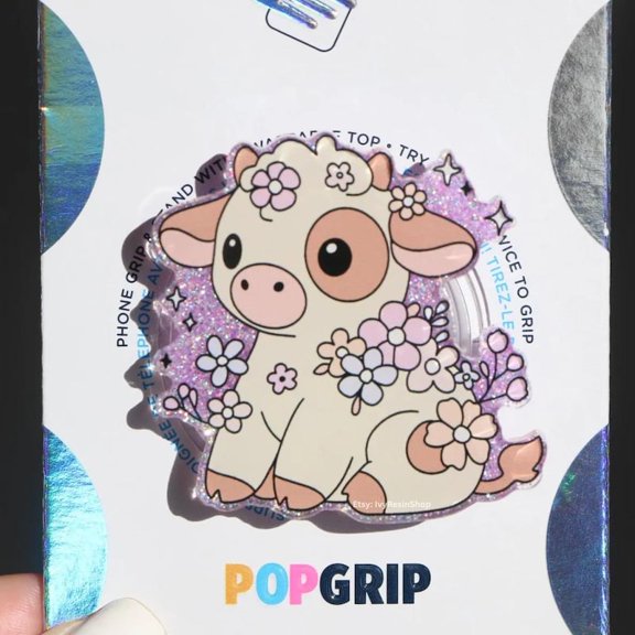 Spring Flower Cow Grip: Sparkly Purple Resin Phone Grip