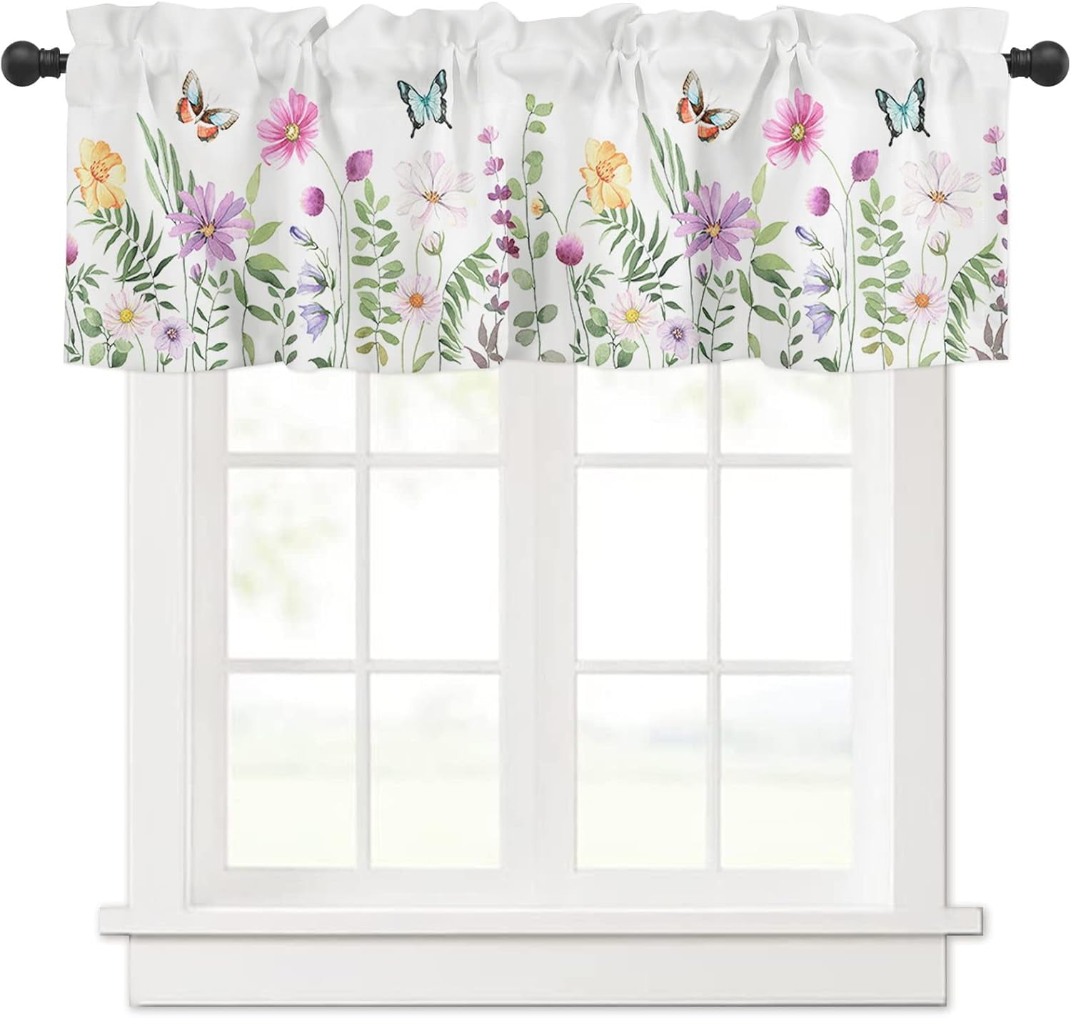 Spring Watercolor Floral Print Valance with Rod Pocket, 54" x 18"