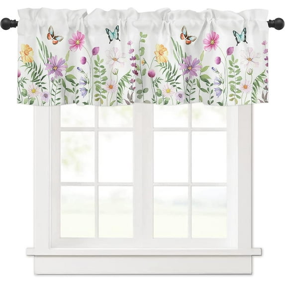 Spring Flower Curtain Valance, Butterfly Wildflowers Watercolor Floral Print Plants Rod Pocket Window Valances for Kitchen, Bedroom, Bathroom, 1 Panel, 54" W x 18" L