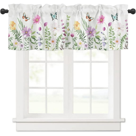 Spring Flower Curtain Valance, Butterfly Wildflowers Watercolor Floral Print Plants Rod Pocket Window Valances for Kitchen, Bedroom, Bathroom, 1 Panel, 54" W x 18" L