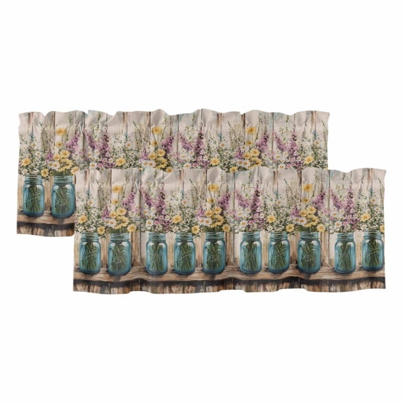 Spring Flower Curtain Valances for Windows, Kitchen Valance Window Treatments Panel 2 Pack, Farm Bottle Lavender Daisy Retro Wooden Rod Pocket Short Curtains for Bathroom Bedroom 42 x 12 Inch