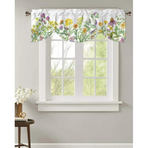Spring Flower Daisy Butterfly Short Window Curtain Adjustable Tie Up Valance for Living Room Kitchen Window Drapes