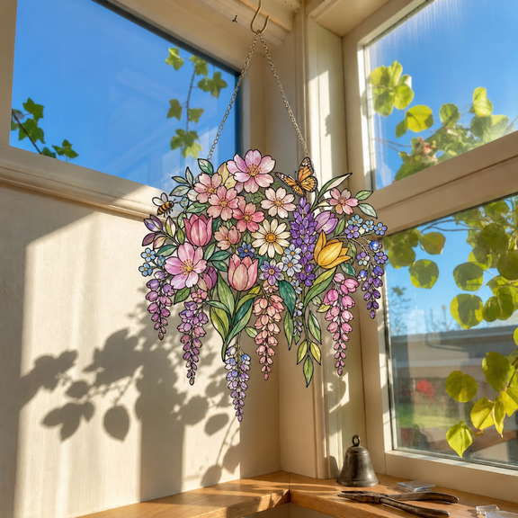 Spring Flower Decor Acrylic Suncatcher, Stained Glass Style Window Hanging Gift
