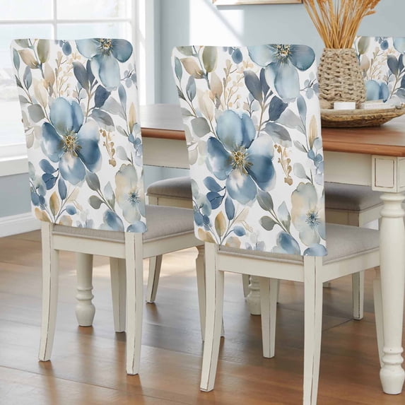 Spring Flower Dining Chair Back Cover Only, Vintage Blue Yellow Foral Leaves Wildflowers Set of 4 Chair Back Covers, Removable Washable for Dining Room, Banquet & Holiday Decoration