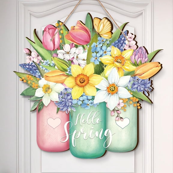 Spring Flower Door Sign, Hello Spring Welcome Hanging Sign, Colorful Wooden Mason Jar Front Door Decoration For Home, Indoor Outdoor Farmhouse Porch Decor, Multicolor