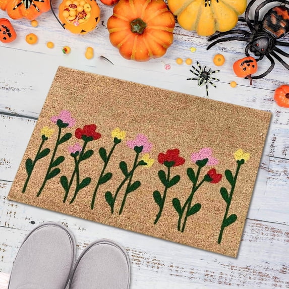 Spring Flower Doormat,Cute Floral Front Doormat,Spring Floral Door Mat,Artificial Coco Coir Welcome Entry Mats with Non-Slip Backing,Colorful Doormat for Front Door Entrance Outside Porch Decor