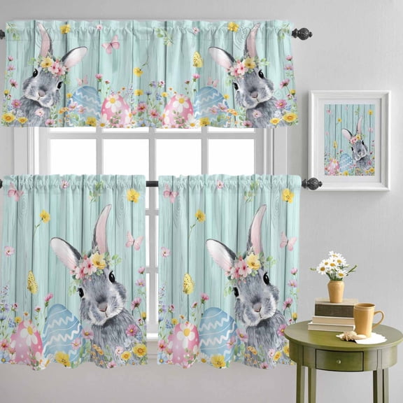 Spring Flower Easter Egg Curtain Tier and Valance Set 3 Piece, Pastoral Rabbit Butterfly Wood Plank 3-inch Rod Pocket Window Tier Curtains Valance for Kitchen Living Room