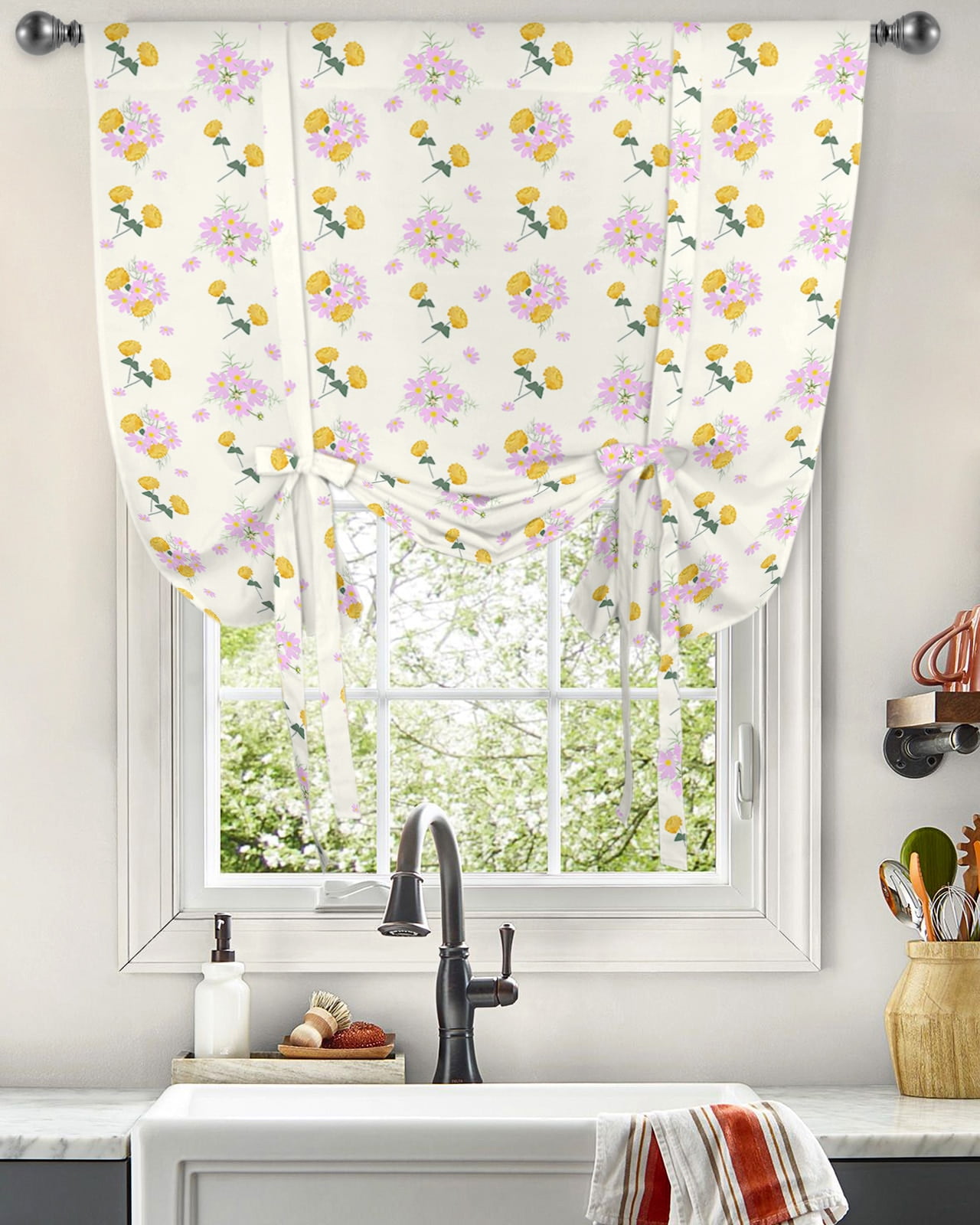 Spring Flower Farmhouse Window Curtain for Living Room Kitchen Tie-up ...