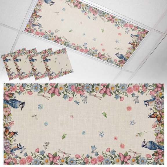 Spring Flower Fluorescent Light Covers Birds Pink Blue Flower Daisy Vintage Linen Texture Magnetic Light Filters Ceiling Lighting Panel Shade for Classroom Office Home 2 x 4 ft, 4 Pack