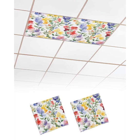 Spring Flower Fluorescent Light Covers for Ceiling Lights 4x2 feet,2 Pack Magnetic Light Filters for Classroom,Abstract Gradient Blue Purple Red Green Fluorescent Light Shade Panel for Office School