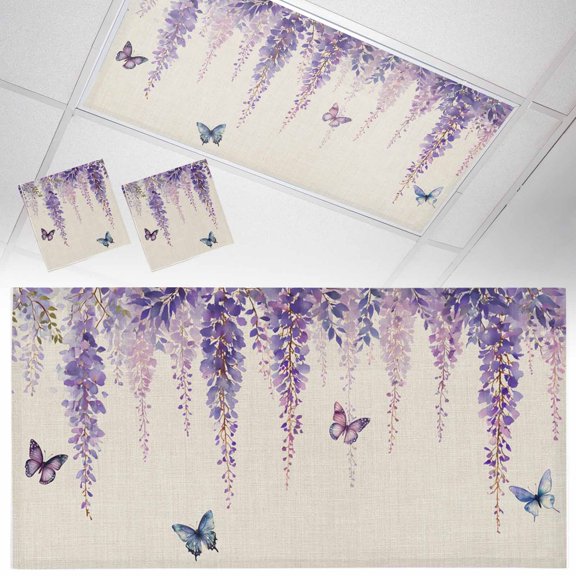 Spring Flower Fluorescent Light Covers Vintage Watercolor Purple Wisteria Floral Butterfly Linen Texture Magnetic Light Filters Ceiling Lighting Panel Shade for Classroom Office Home 2 x 4 ft, 2 Pack
