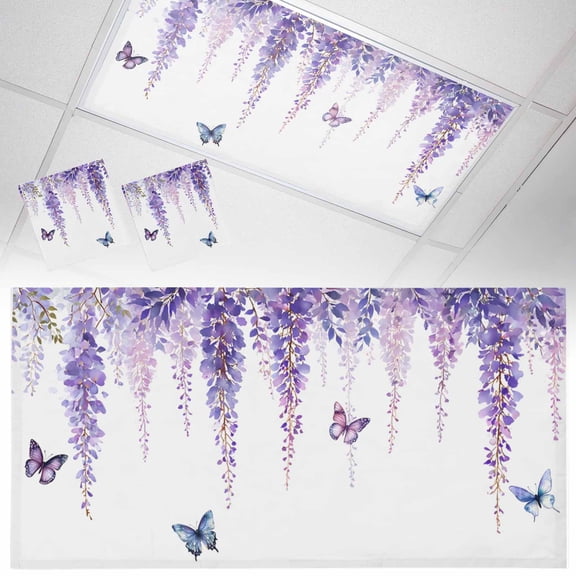 Spring Flower Fluorescent Light Covers Vintage Watercolor Purple Wisteria Floral Butterfly Magnetic Light Filters Ceiling Lighting Panel Shade for Classroom Office Home 2 x 4 ft, 2 Pack