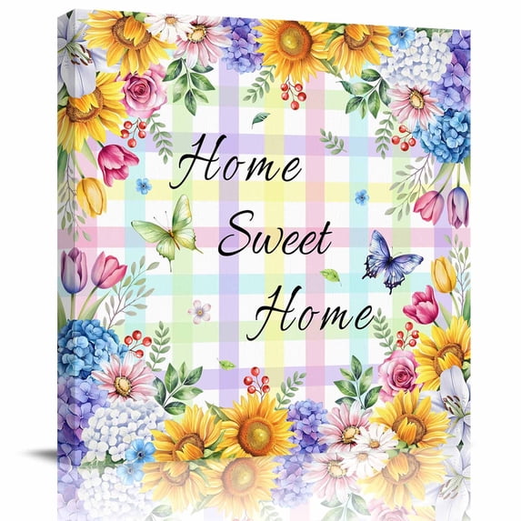 Spring Flower Framed Canvas Wall Art, Home Sweet Home Sunflower Tulip Daisy Butterfly Colorful Plaid Wall Art Painting for Living Room Bedroom Home Decor, 24”x24”, Office Artwork Print