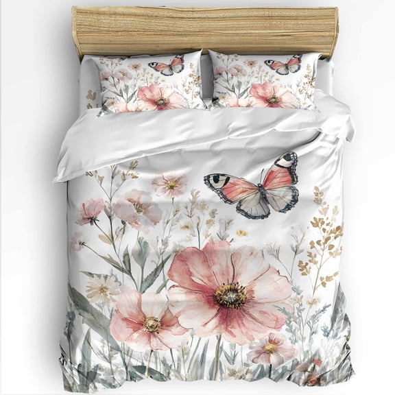 Spring Flower Full Size Comforter Set, Vintage Cosmos Leaf Butterfly Pastoral Soft Bedding for All Seasons, 4 Pcs Bed Set with 1Comforter (86"x86") ,1 Sheet(80"x116"), 2 Pillowcases (19"x29")