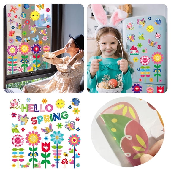 Spring Flower Garden Thick Gel Clings, Colorful Butterfly Window Gel Decals, Reusable Window Stickers for Home School Office Classroom Nursery Party Supplies Decor