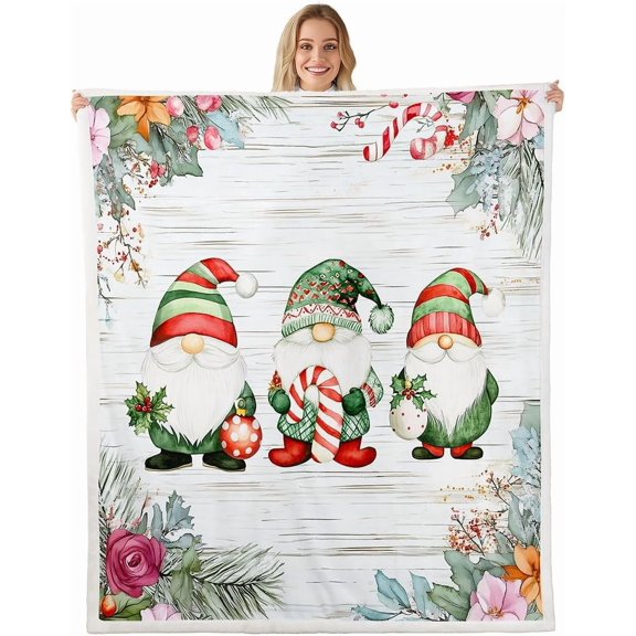 Spring Flower Gnomes Fleece Blanket Romantic Rose Floral Cute Blanket 40"X50" For Users men Women Teens Bedroom Decor,Xmas Decor Sherpa Blanket Lovely Christmas Dwarf Fuzzy Blanket,Colorful