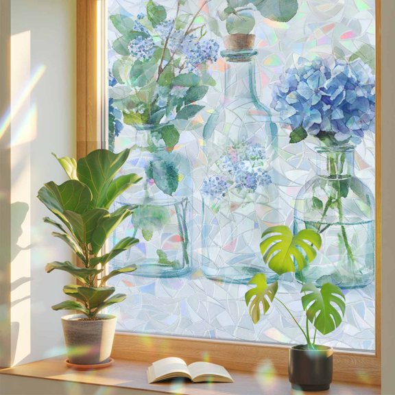 Spring Flower Green Eucalyptus Leaves Window Privacy Film, Rainbow Film Decorative Window Sticker 17.7x39.3in, Hydrangea Floral Still Life Sun Blocking Static Stained Glass Cling Tint Non-Adhesive