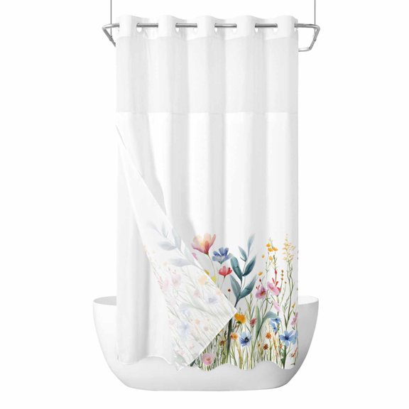 Spring Flower No Hooks Shower Curtain with Snap-in Liner Blue Pink Yellow Floral Leaves Natural Shower Curtains for Bathroom, Waterproof, Easy Install, Washable 36"x78"