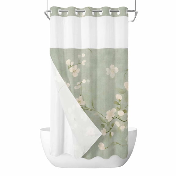 Spring Flower No Hooks Shower Curtain with Snap-in Liner Vintage Watercolor Pink Floral Plant Leaf Green Linen Shower Curtains for Bathroom, Waterproof, Easy Install, Washable 36"x72"