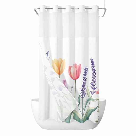 Spring Flower No Hooks Shower Curtain with Snap-in Liner Watercolor Tulip Floral Leaf Botanical Shower Curtains for Bathroom, Waterproof, Easy Install, Washable 36"x78"