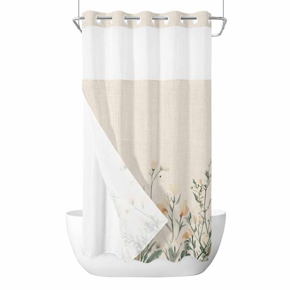 Spring Flower No Hooks Shower Curtain with Snap-in Liner Watercolors Floral Green Leaves Linen Texture Shower Curtains for Bathroom, Waterproof, Easy Install, Washable 36"x78"