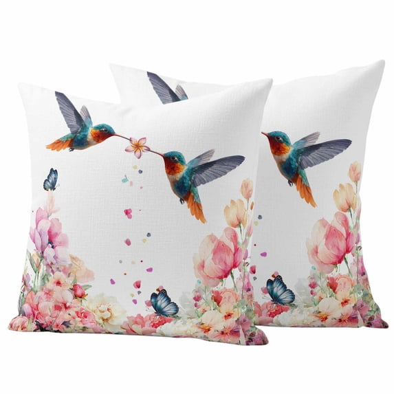 Spring Flower Hummingbird Pillow Covers 2 Pack Watercolor Floral Bird Butterfly Pillowcase Waterproof Outdoor Throw Pillow Cover for Patio Garden Square Cushion 24”x24”