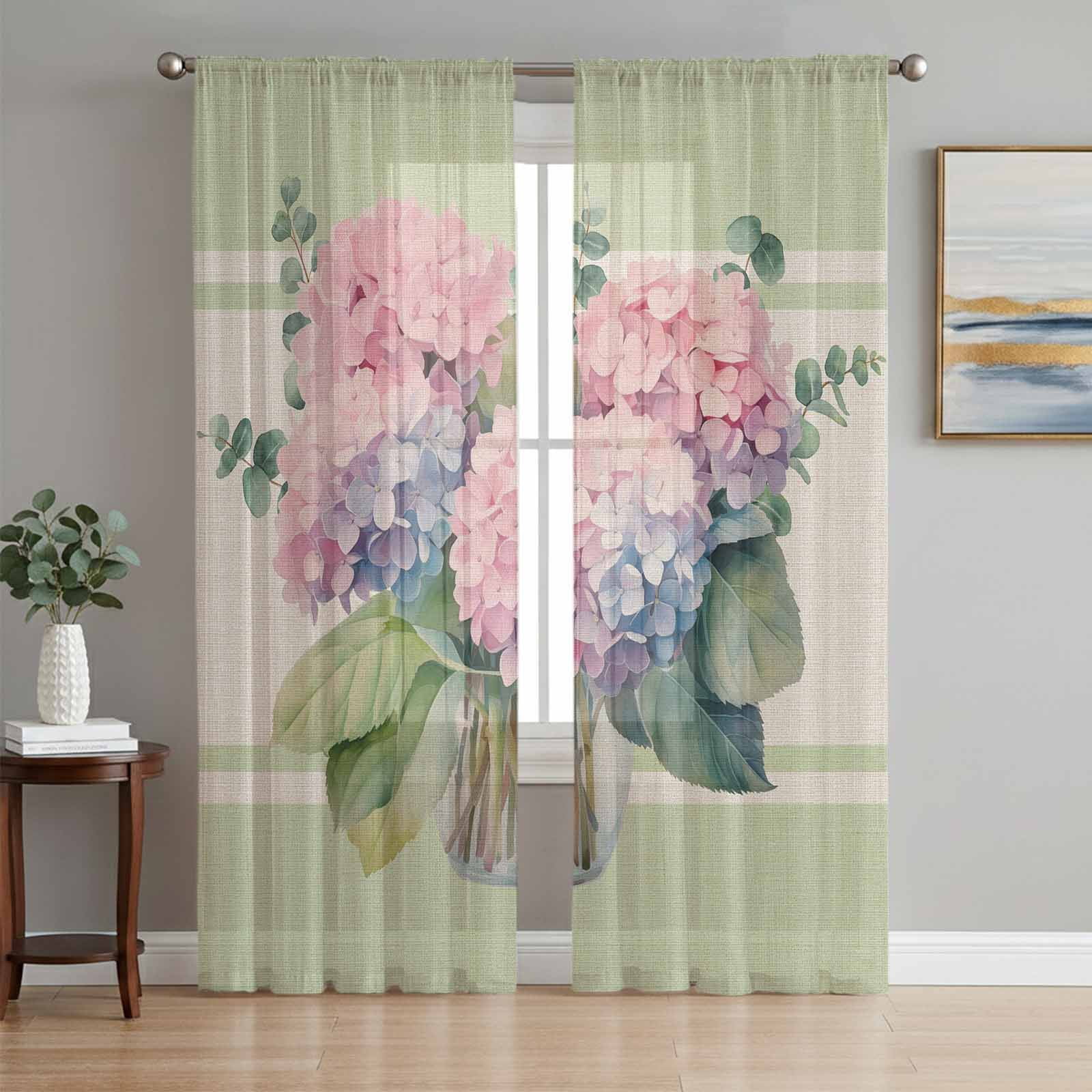 Spring Color Drape Spring Flower Hydrangea Green Leaf Chiffon Sheer Curtains 84 Inches ...