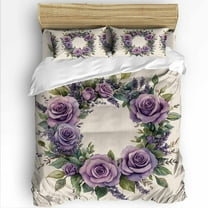 Spring Flower King Size Comforter Set, Purple Rose Wreath Blooming Floral Retro Soft Bedding for All Seasons, 4 Pcs Bed Set with 1Comforter (90"x106") ,1 Sheet(94"x116"), 2 Pillowcases (19"x35")