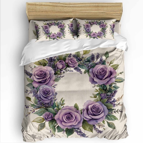 Spring Flower King Size Comforter Set, Purple Rose Wreath Blooming Floral Retro Soft Bedding for All Seasons, 4 Pcs Bed Set with 1Comforter (90"x106") ,1 Sheet(94"x116"), 2 Pillowcases (19"x35")
