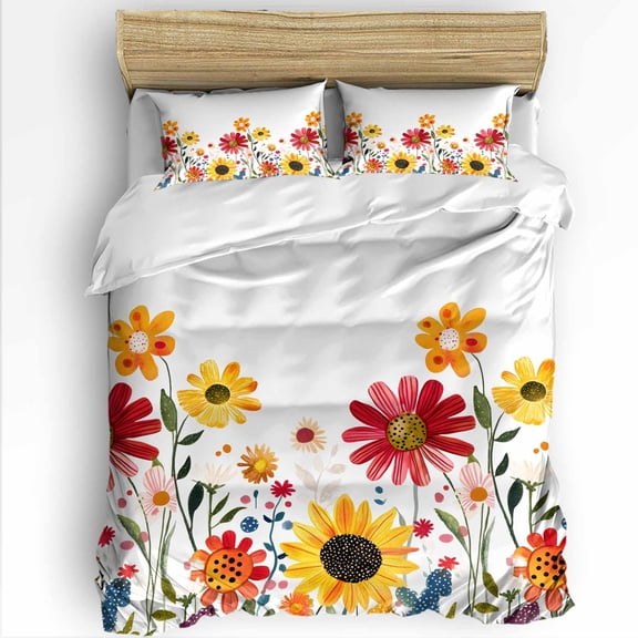 Spring Flower King Size Comforter Set, Red Yellow Daisy Rustic Plant Botanical Soft Bedding for All Seasons, 4 Pcs Bed Set with 1Comforter (90"x106") ,1 Sheet(94"x116"), 2 Pillowcases (19"x35")