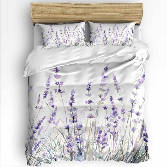Spring Flower King Size Comforter Set, Vintage Purple Lavender Plant Soft Bedding for All Seasons, 4 Pcs Bed Set with 1Comforter (90"x106") ,1 Sheet(94"x116"), 2 Pillowcases (19"x35")